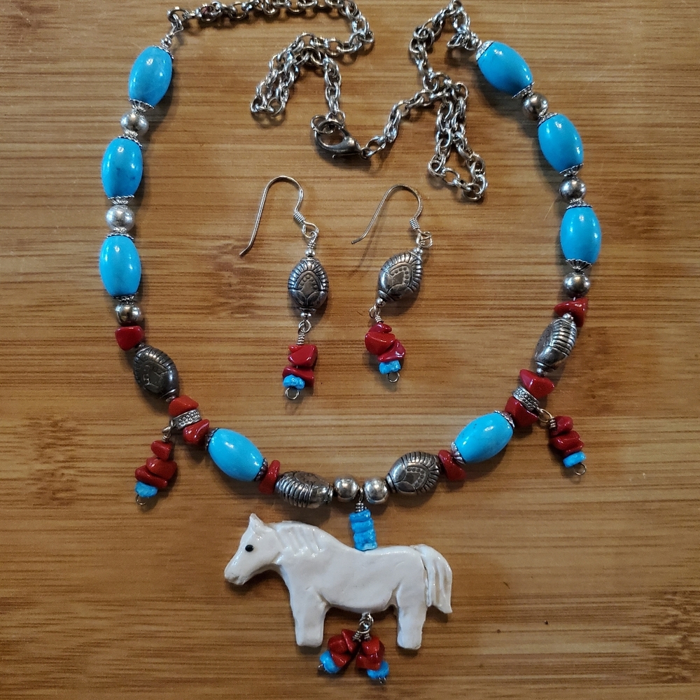 Turquoise Coral Horse Necklace Earrings